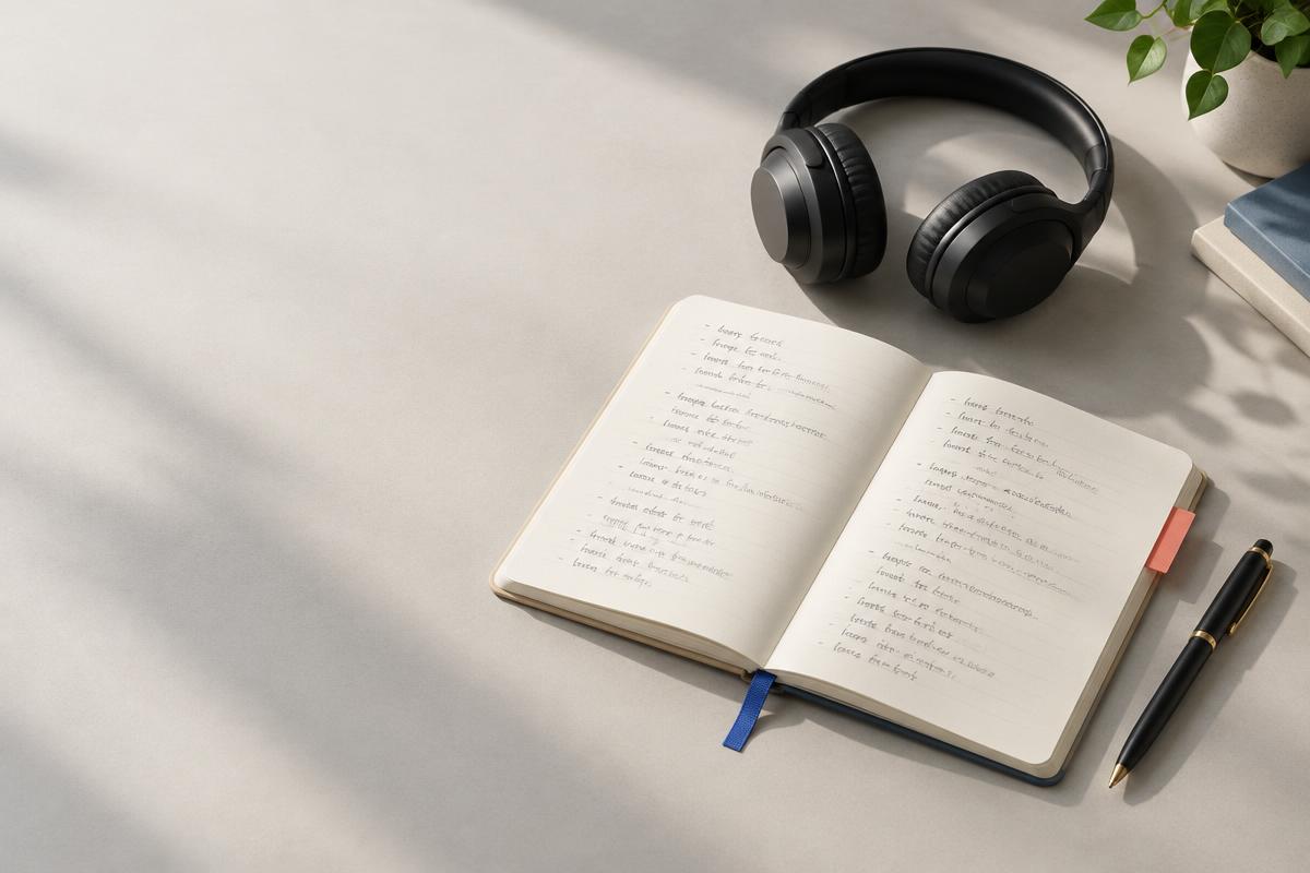 Caderno, fones de ouvido e caneta em uma mesa de estudos